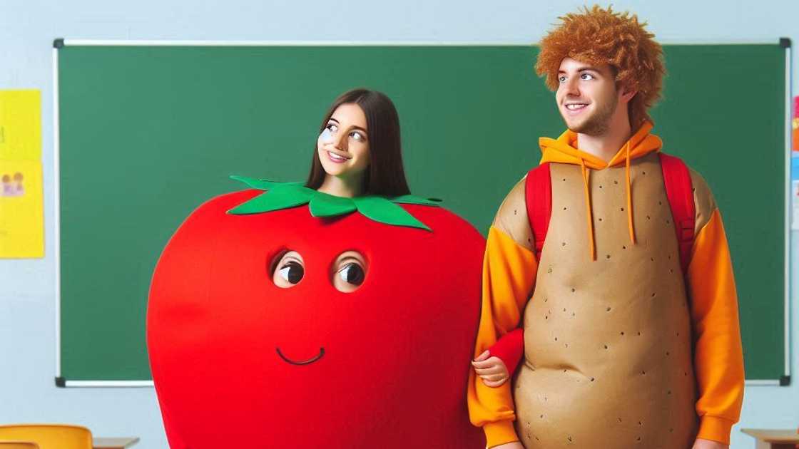 A Rhyme Without Reason image of students in tomato and potato costumes A Rhyme Without Reason image of students in tomato and potato costumes