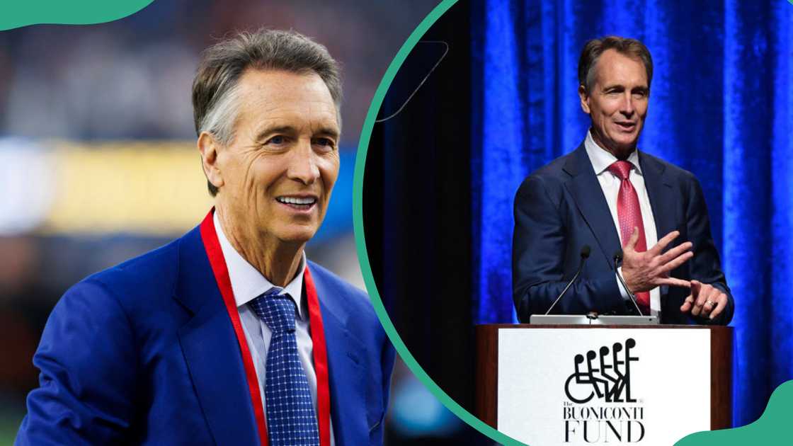 Cris Collinsworth of NBC Sunday Night Football (L).Cris Collinsworth speaks onstage during the 34th Annual Great Sports Legends Dinner (R).