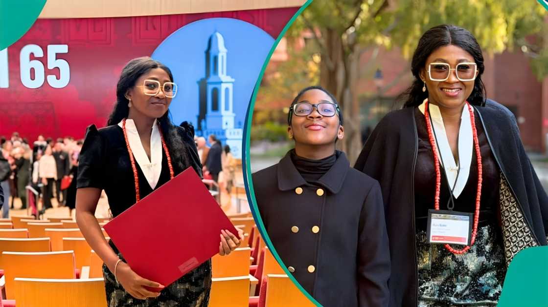 Mary Njoku poses in her graduation regalia as she officially becomes a Harvard University alumna.