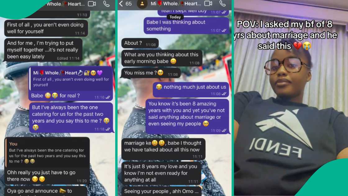 A lady laments online over her boyfriend of eight years' reply after she mentioned marriage to him. A lady laments online over her boyfriend of eight years' reply after she mentioned marriage to him.