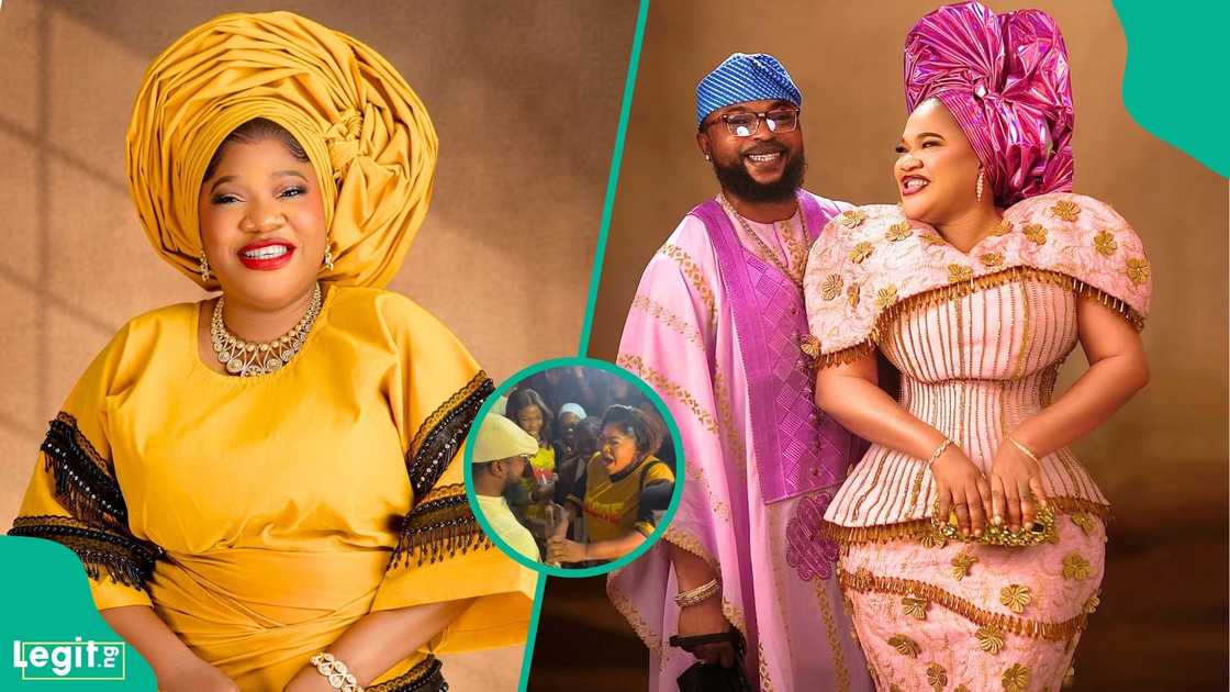 Toyin Abraham attempts to kneel for husband Kolawole Ajeyemi at Bestie Jesu Concert in Lagos