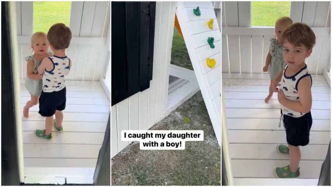 Kid pushed boy away/father caught daughter. Kid pushed boy away/father caught daughter.