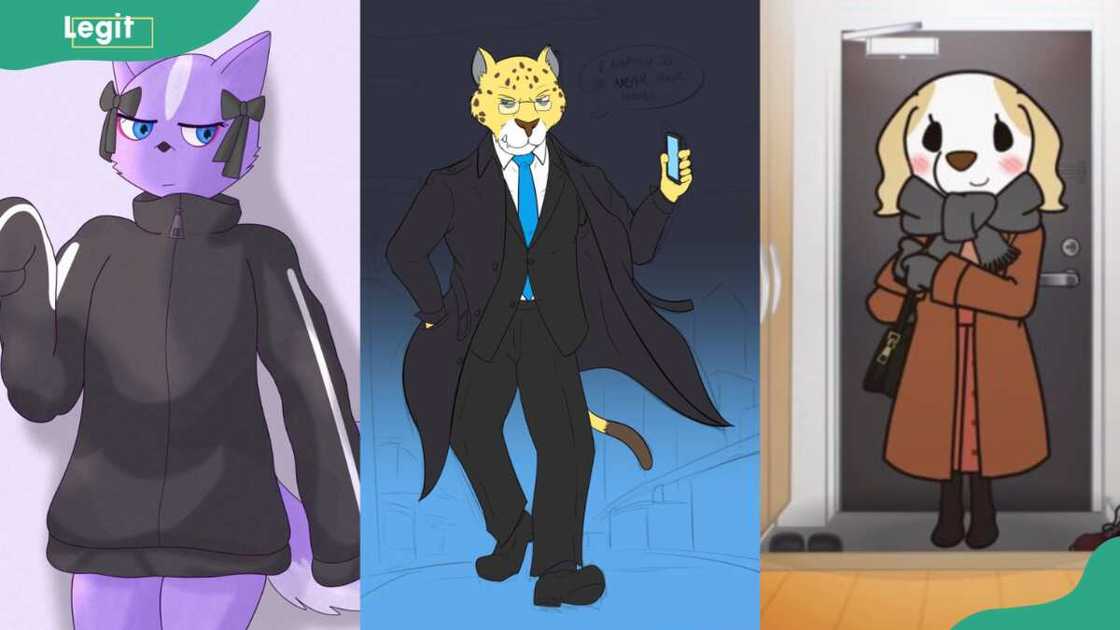 Aggretsuko characters animals; L-R, Shikabane, Hyodo, Inui from Aggretsuko