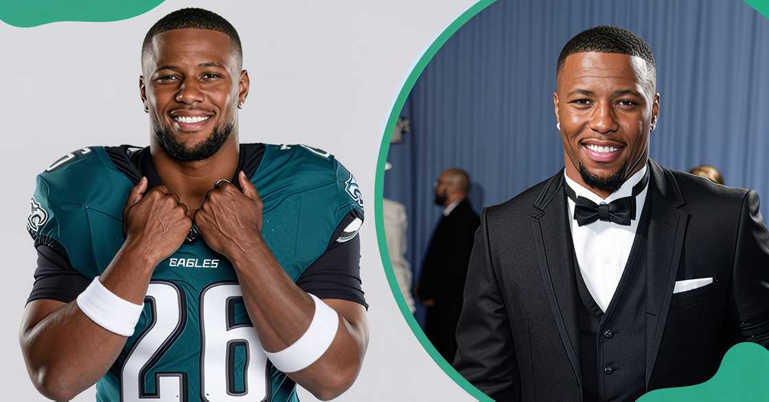 Saquon Barkley poses in the Philadelphia Eagles' kit. The player at the 2025 Met Gala.