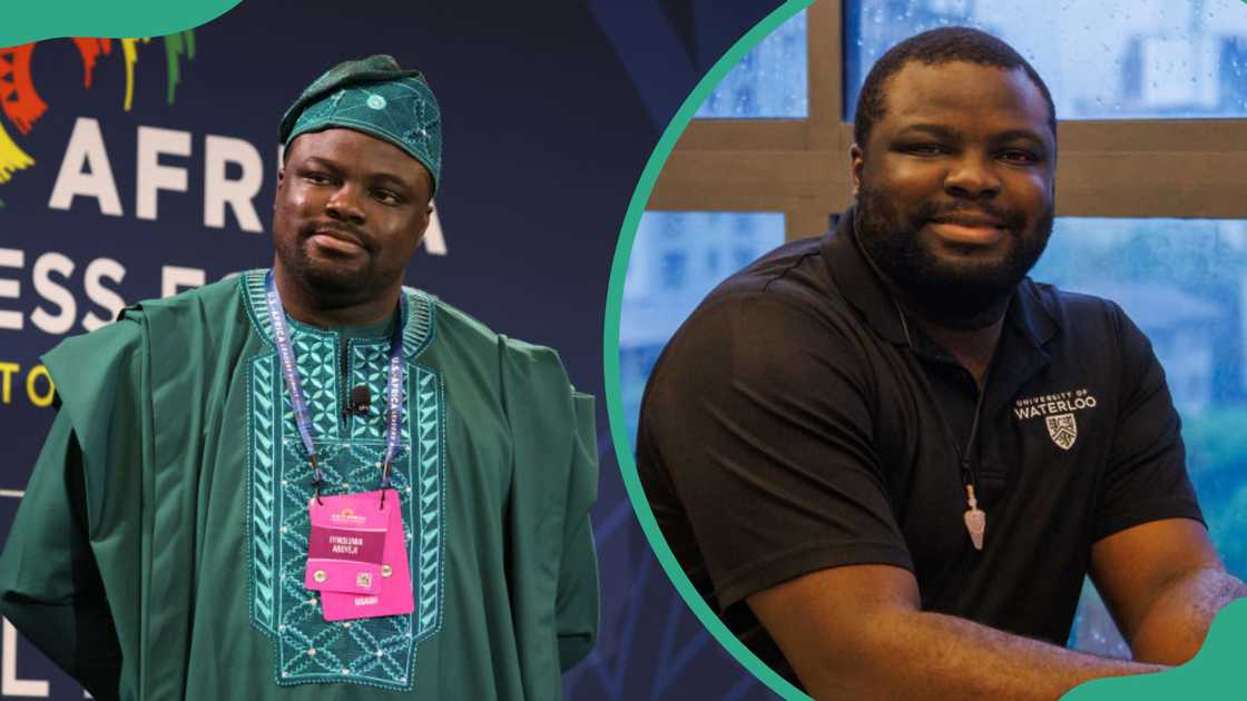 Iyin Aboyeji attends an investment forum (L). The entrepreneur at a meeting in Lagos, Nigeria (R)