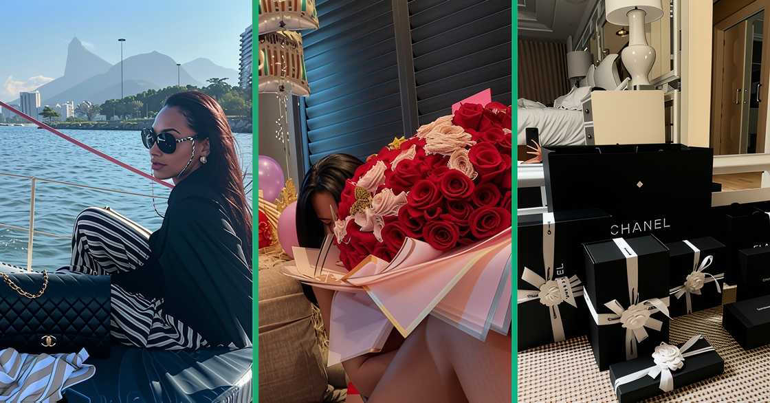Kysre Gondrezick, poses on a boat ride, holds a bouquet of pink and red roses and sunflowers, and gift boxes from Chanel.