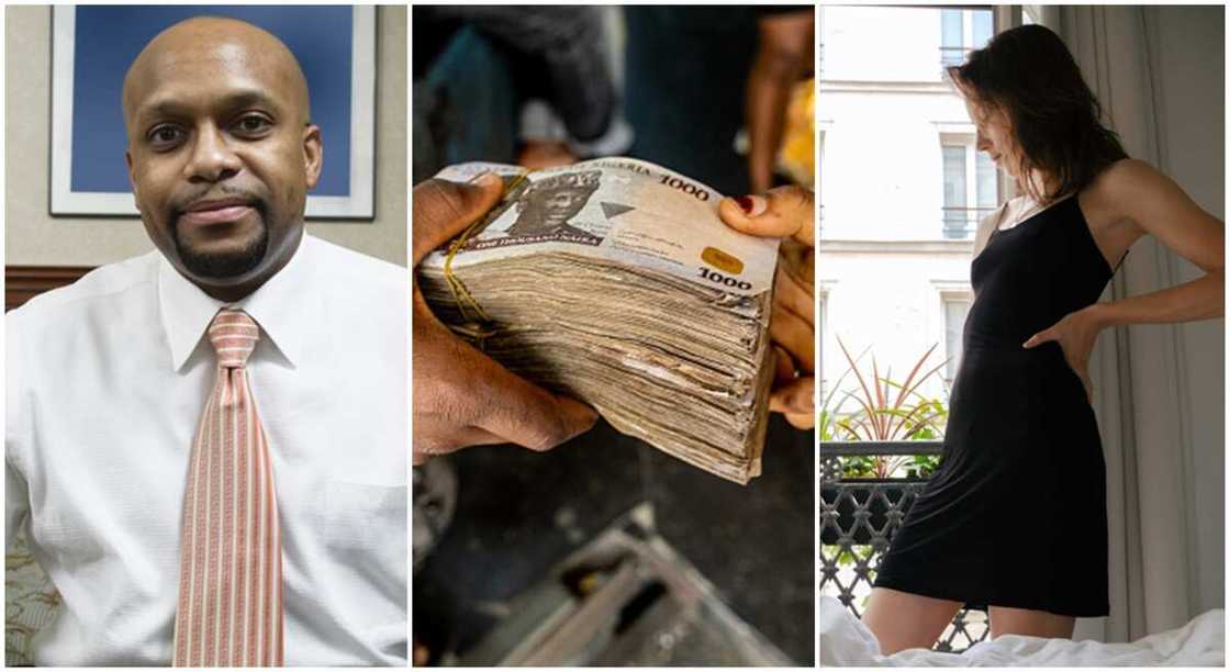 Photos of man, Naira notes and woman.