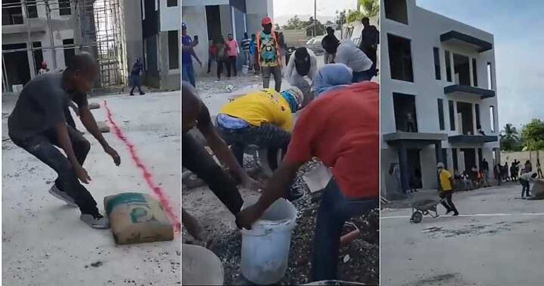 Bricklayers at work, fast like machines, competition