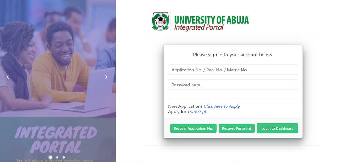 UniAbuja portal login page