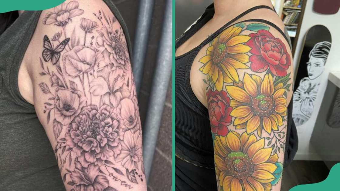 Floral half-sleeve tattoos