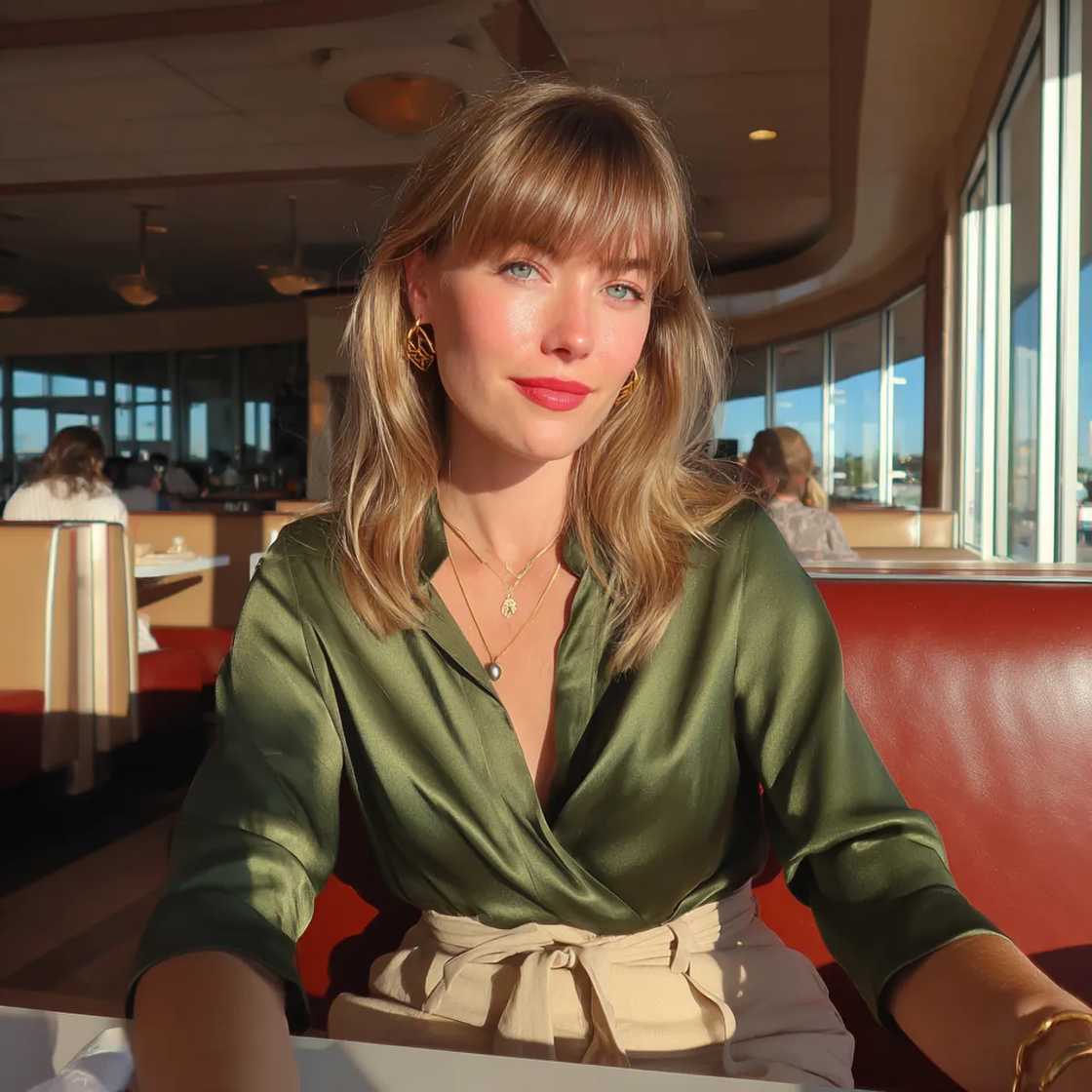 A smiling woman sitting in a diner A smiling woman sitting in a diner