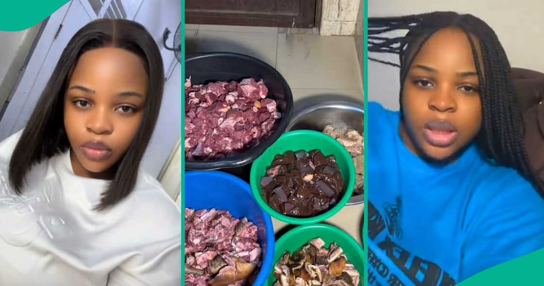 Lady rejoices as her man surprises her with meat as push gift.