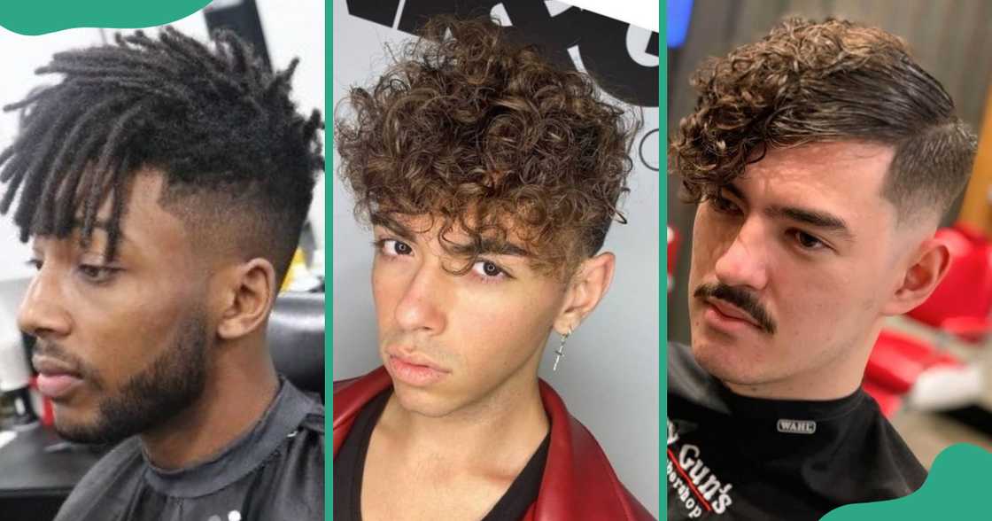 Fringe curls styled with a clean side fade. Fringe curls styled with a clean side fade.