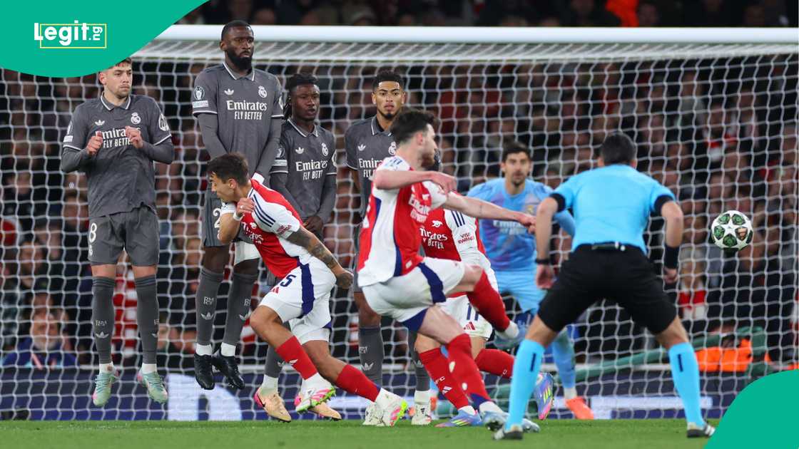 Declan Rice, Antonio Rudiger, Federico Valverde, Arsenal, Real Madrid, Emirates Stadium, London, England, UEFA Champions League. Declan Rice, Antonio Rudiger, Federico Valverde, Arsenal, Real Madrid, Emirates Stadium, London, England, UEFA Champions League.