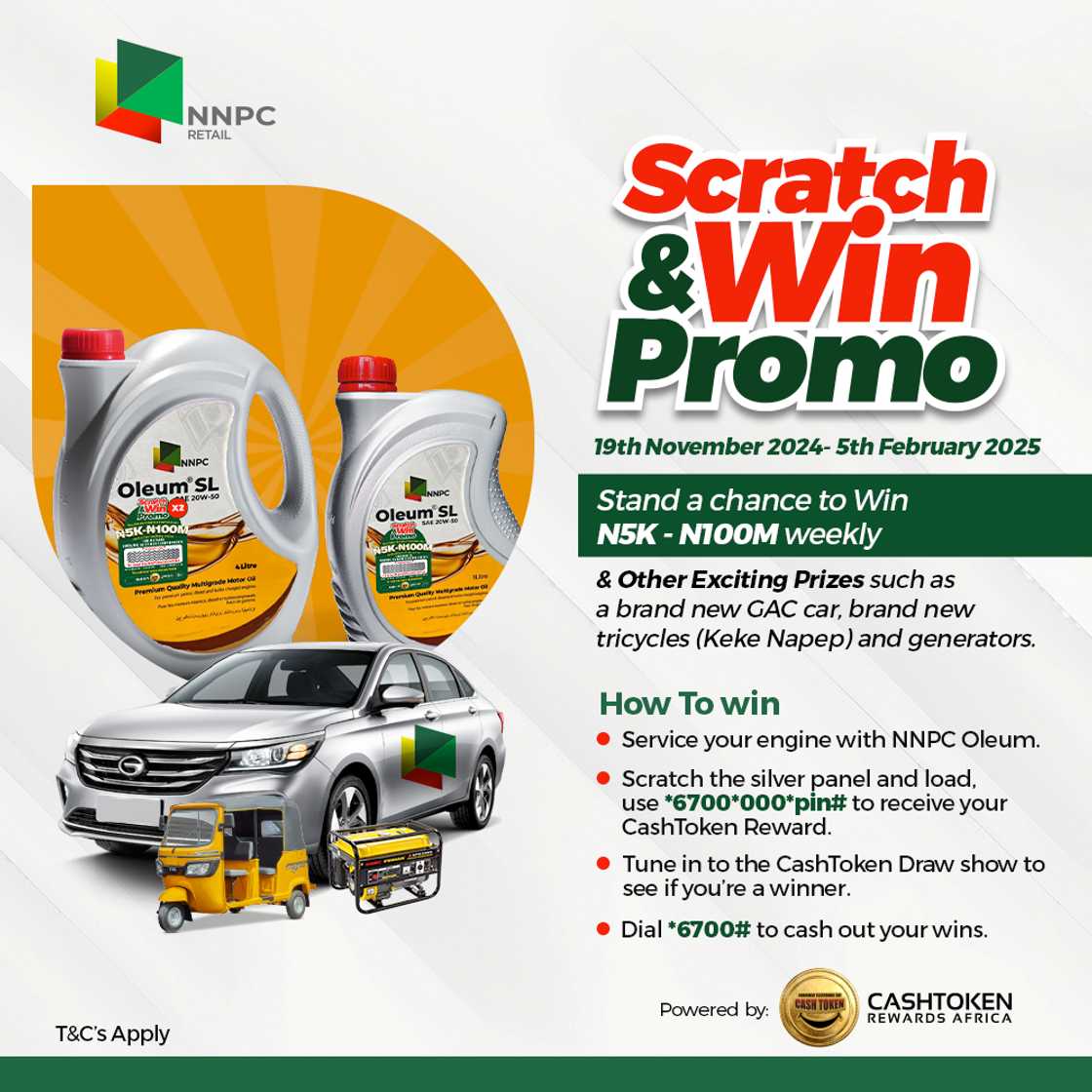 NNPC and CashToken Rewards Africa Bring You the Ultimate “Oleum Scratch and Win Promo” NNPC and CashToken Rewards Africa Bring You the Ultimate “Oleum Scratch and Win Promo”