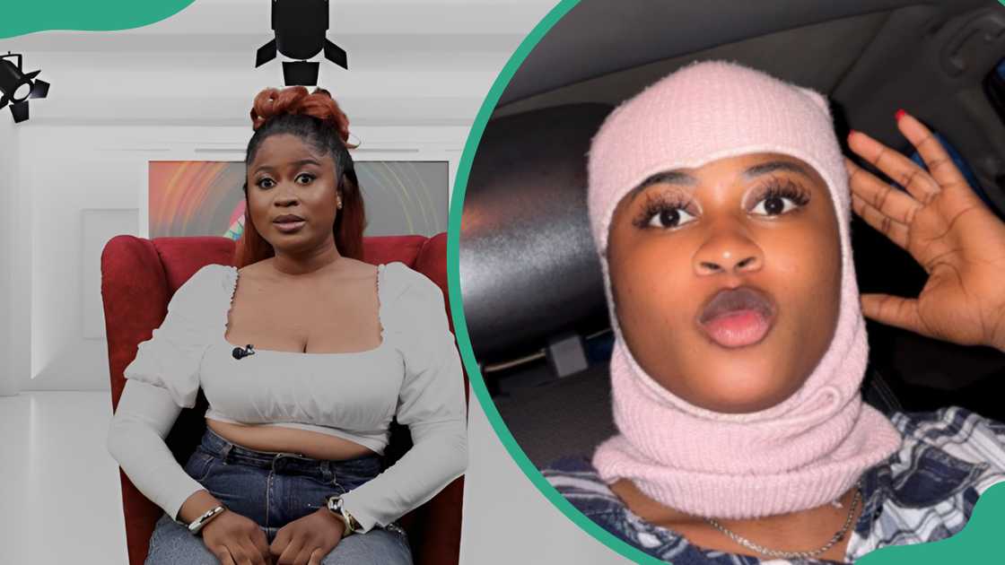 Imisi BBNaija sits on a maroon couch and later poses in a light pink balaclava inside a car. Imisi BBNaija sits on a maroon couch and later poses in a light pink balaclava inside a car.