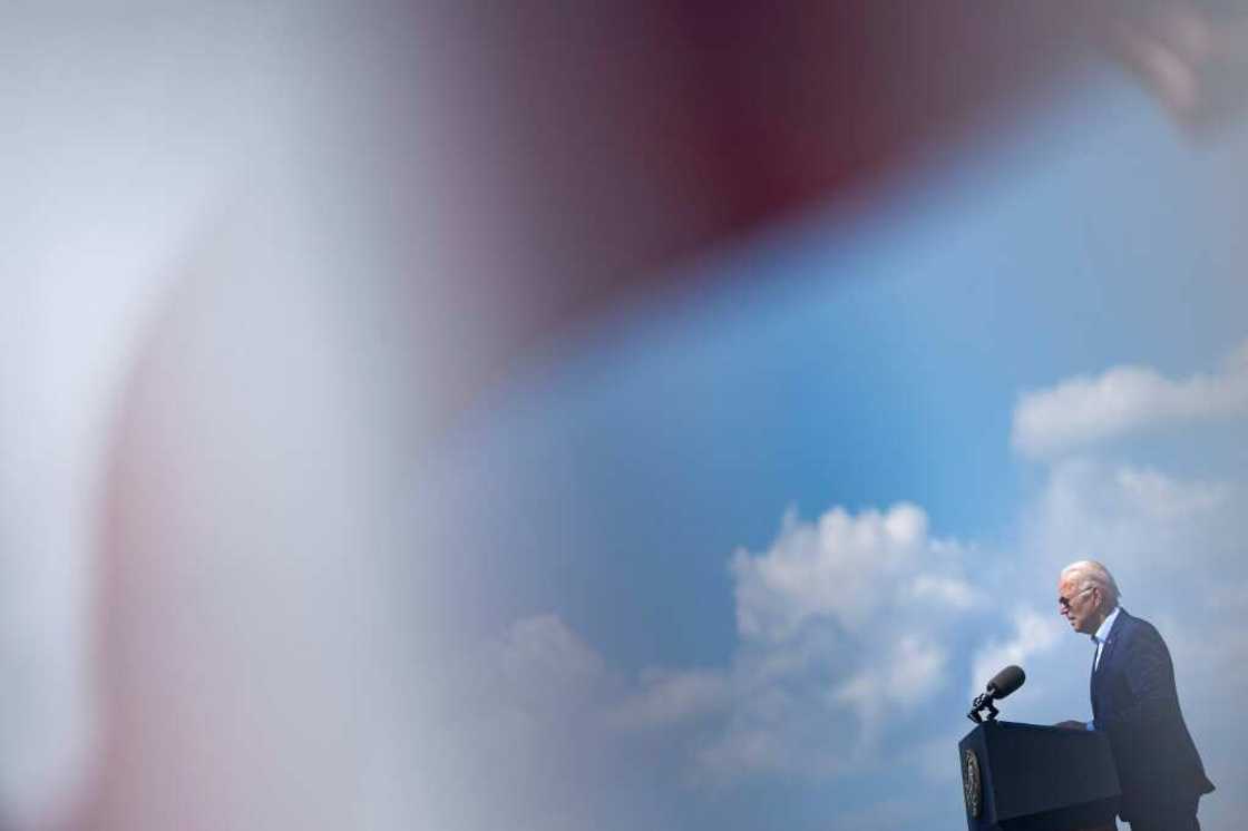 US President Joe Biden delivers remarks at the former location of the Brayton Point Power Station in Somerset, Massachussets, on July 20, 2022, warning that climate change represents a "clear and present danger" to the nation