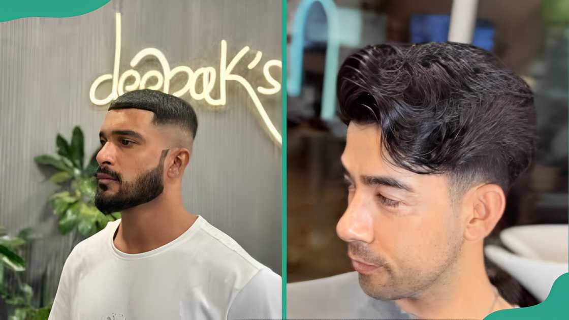 Men displaying Buzz cut (L) Feathered layers (R) haircuts