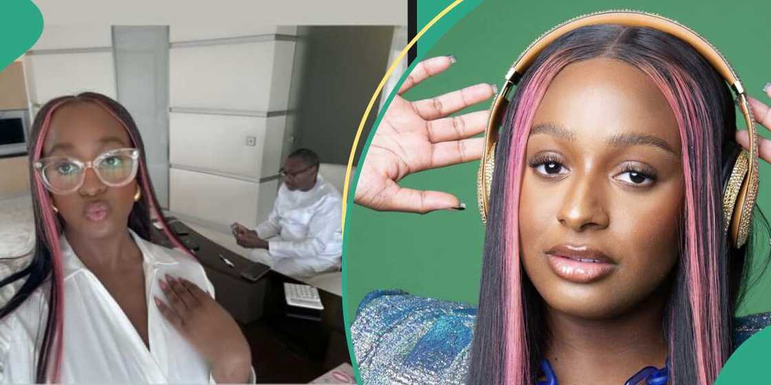 DJ Cuppy in her father's office, DJ Cuppy with headsets DJ Cuppy in her father's office, DJ Cuppy with headsets