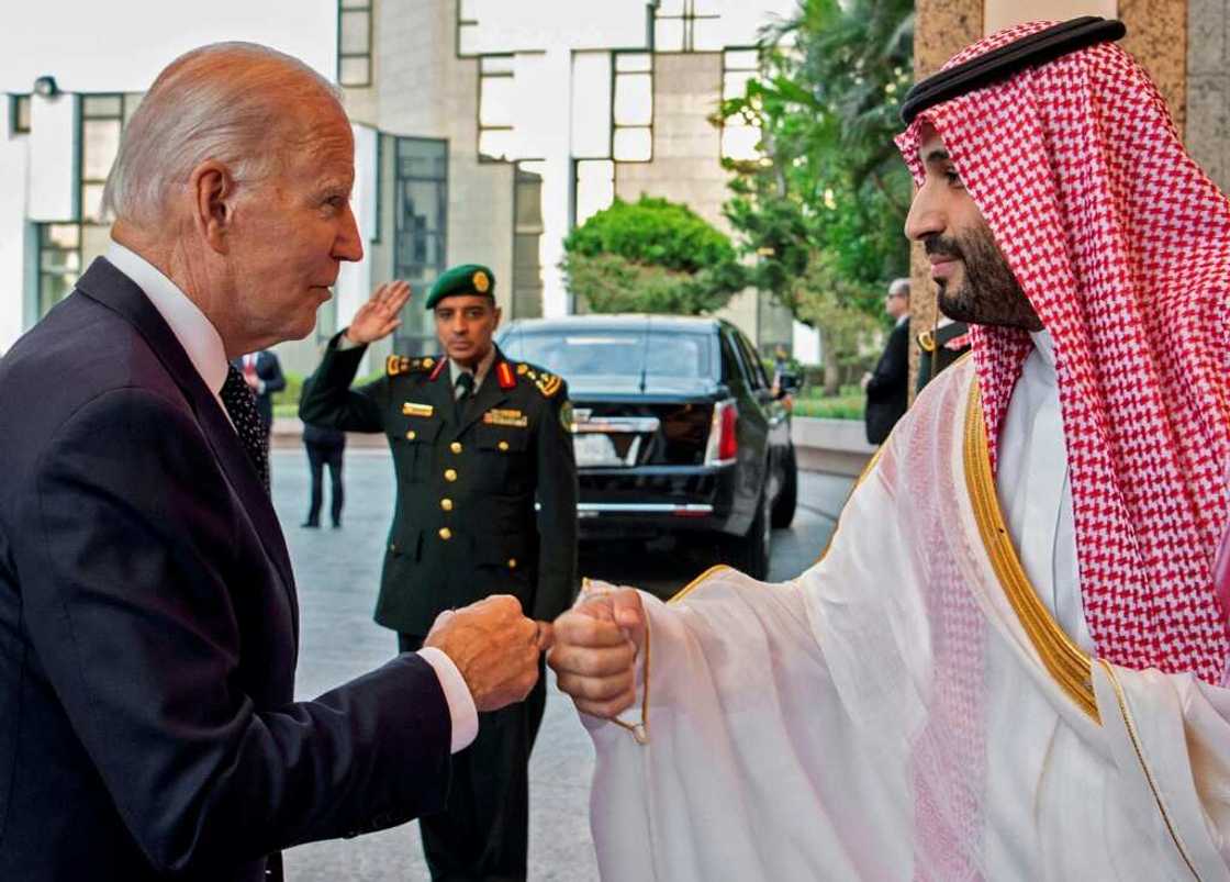 Saudi Crown Prince Mohammed bin Salman bumps fists with US President Joe Biden at Al-Salam Palace in the Red Sea port of Jeddah on July 15, 2022 Saudi Crown Prince Mohammed bin Salman bumps fists with US President Joe Biden at Al-Salam Palace in the Red Sea port of Jeddah on July 15, 2022
