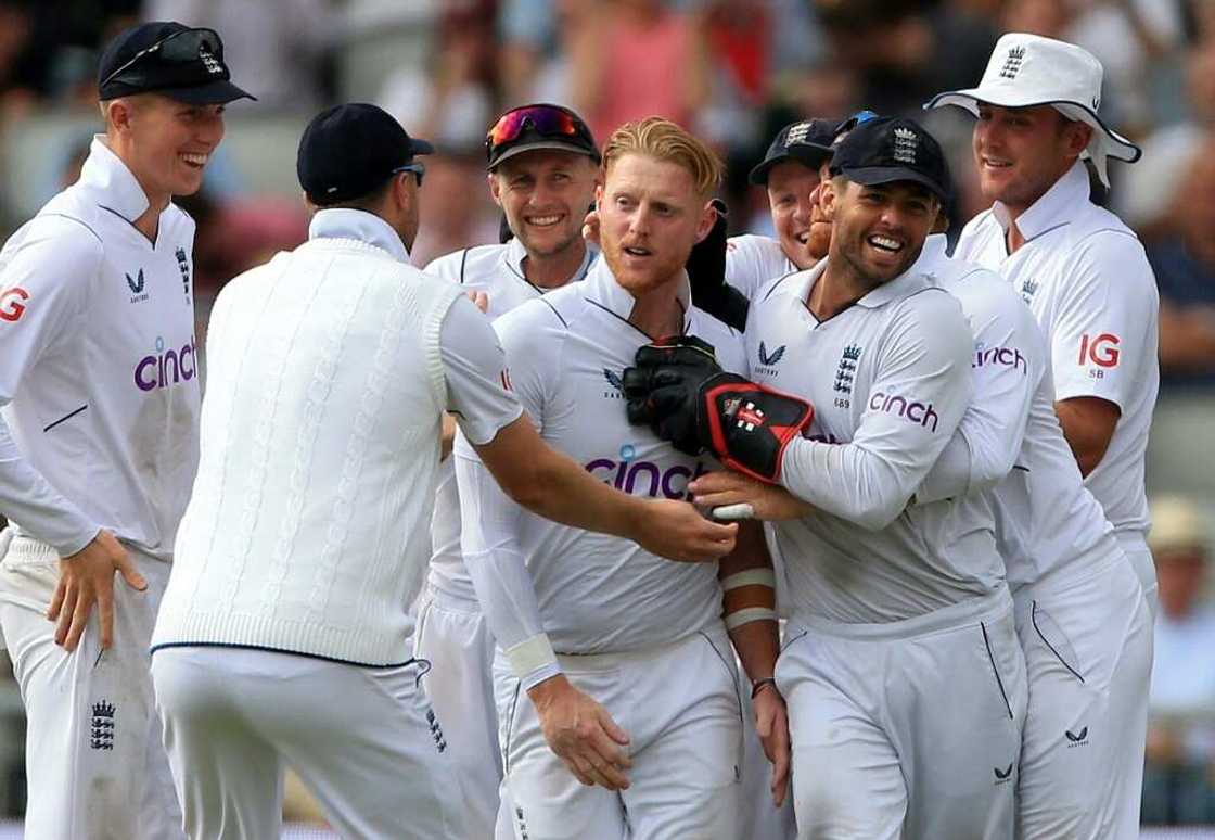 England captain Ben Stokes (C) celebrates after dismissing South Africa's Rassie van der Dussen in the second Test at Old Trafford England captain Ben Stokes (C) celebrates after dismissing South Africa's Rassie van der Dussen in the second Test at Old Trafford