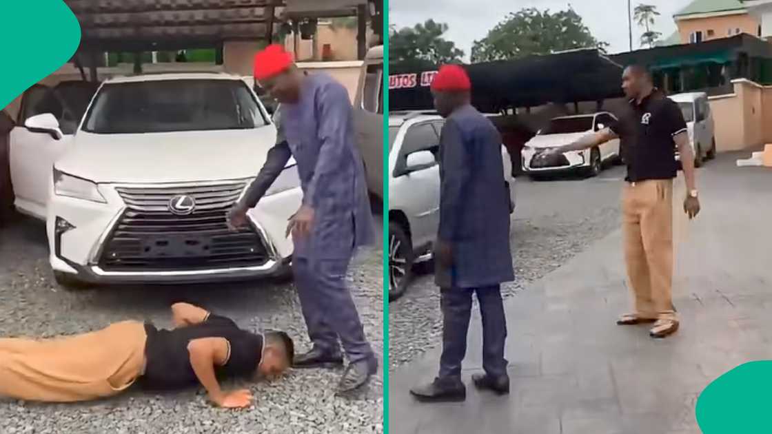 Nigerian man prostrates to honour father after gifting him a car. Nigerian man prostrates to honour father after gifting him a car.