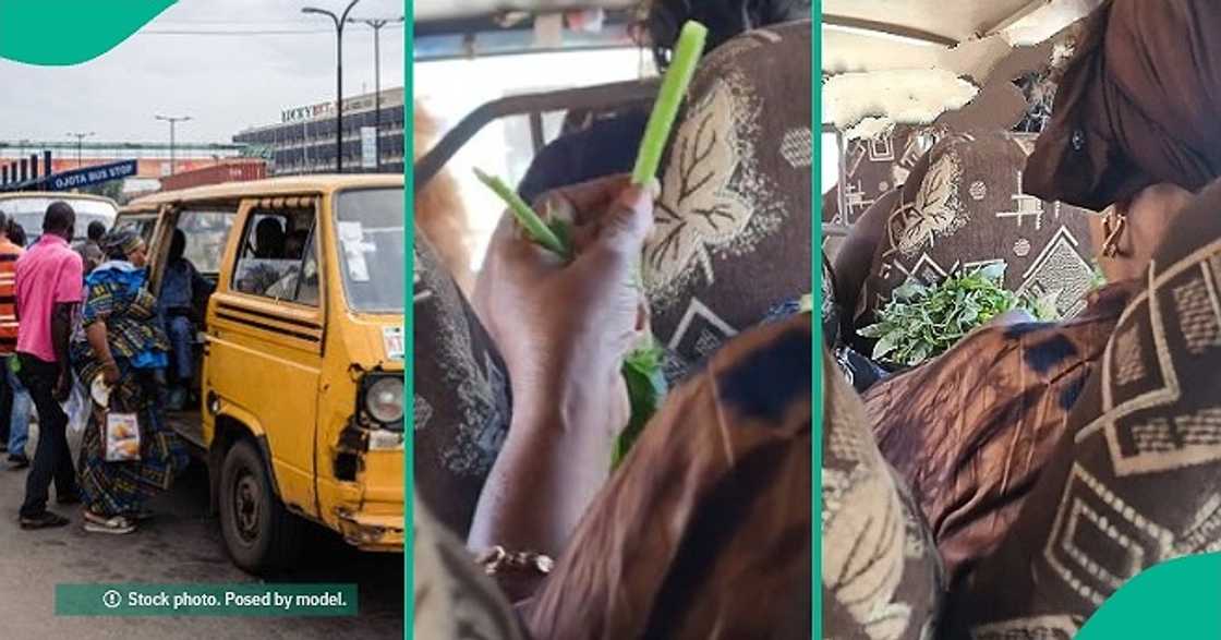 Woman prepares vegetables inside commercial bus