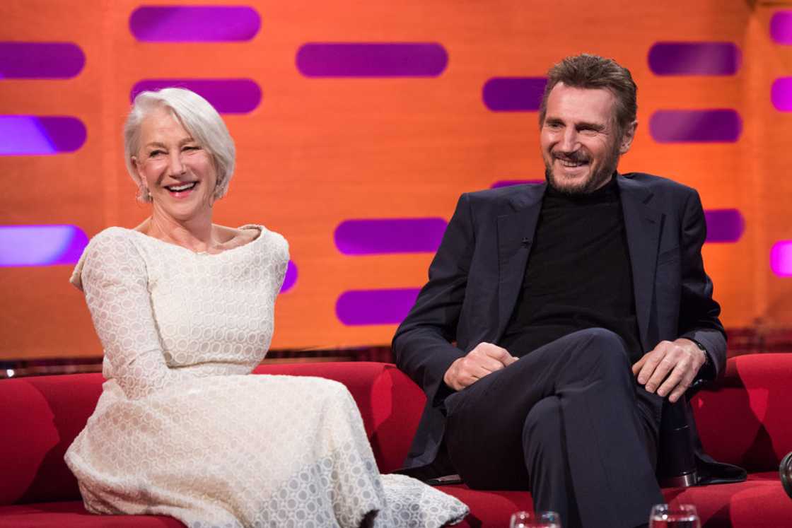 Helen Mirren and Liam Neeson laughing on the Graham Norton Show at The London Studios Helen Mirren and Liam Neeson laughing on the Graham Norton Show at The London Studios