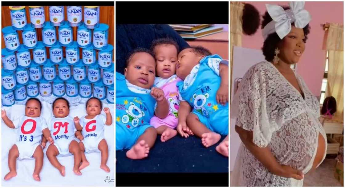 Photos of a set of triplets and their mother. Photos of a set of triplets and their mother.