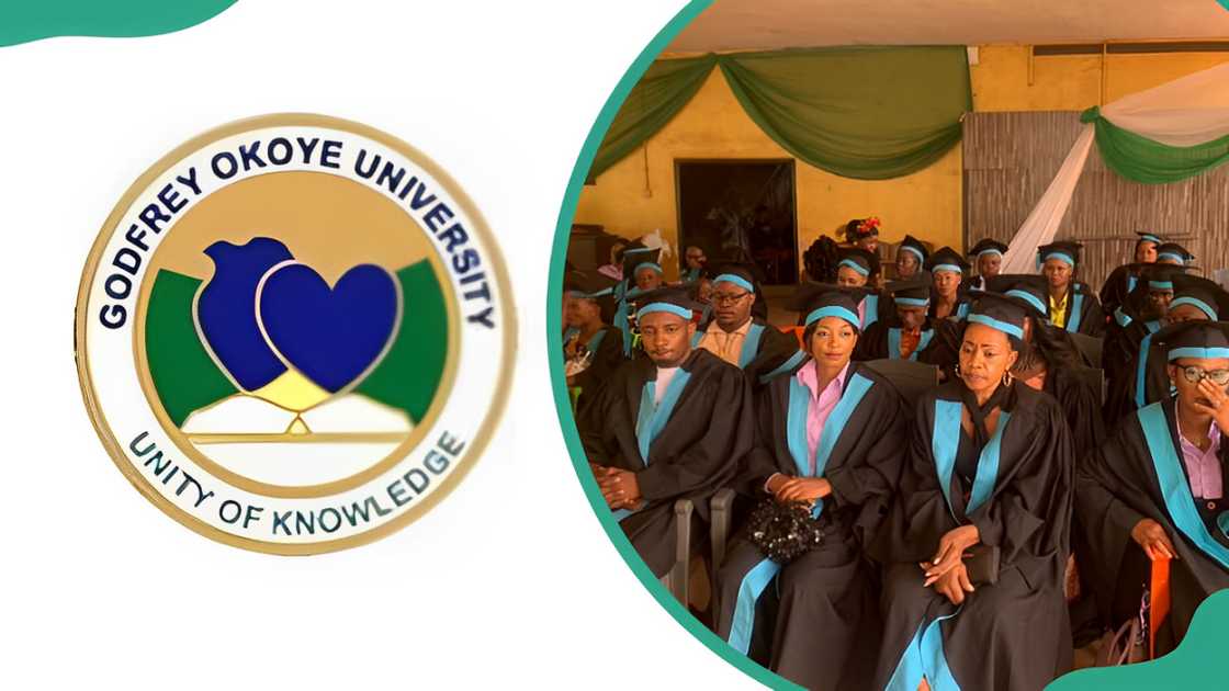 Godfrey Okoye University logo (L) and grandaunts in graduation gowns seated (R)