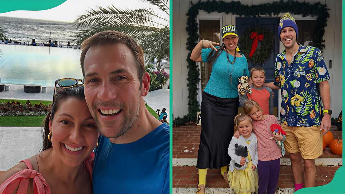 Emily and Jesse posing in Curaçao beach and their three kids on their front porch Emily and Jesse posing in Curaçao beach and their three kids on their front porch