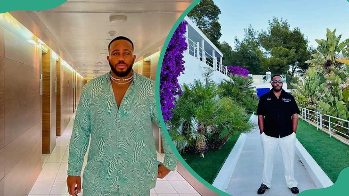 Kiddwaya posing along a corridor (L). Kiddwaya posing in a black shirt and black trouser with his hands in his pockets (R)