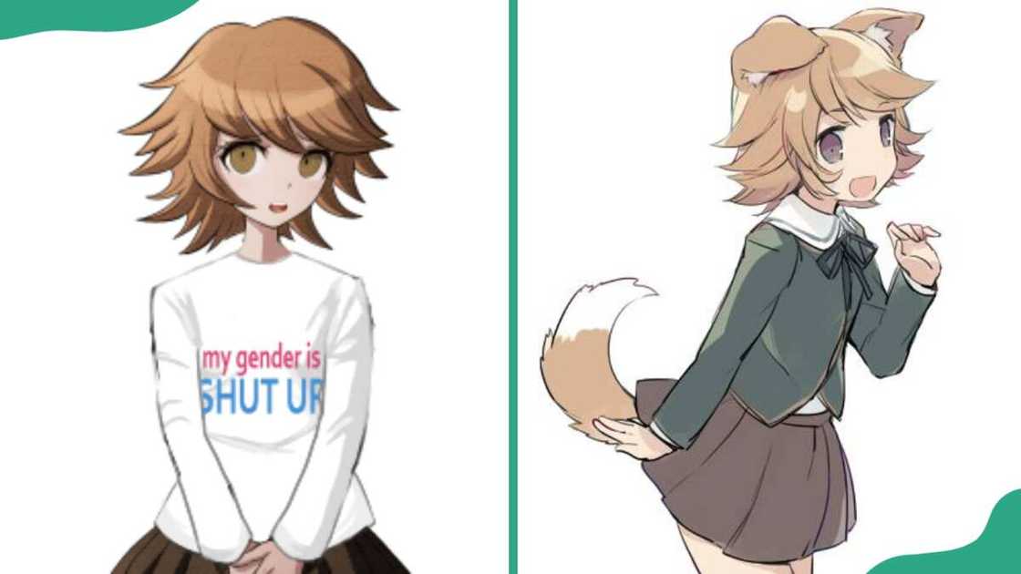 Chihiro Fugisaki in a white long-sleeve top and a dark pleated skirt (L). The character in a green jacket and a dark pleated skirt (R) Chihiro Fugisaki in a white long-sleeve top and a dark pleated skirt (L). The character in a green jacket and a dark pleated skirt (R)