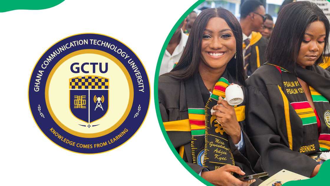 The GCTU logo and GCTU graduates in academic dresses