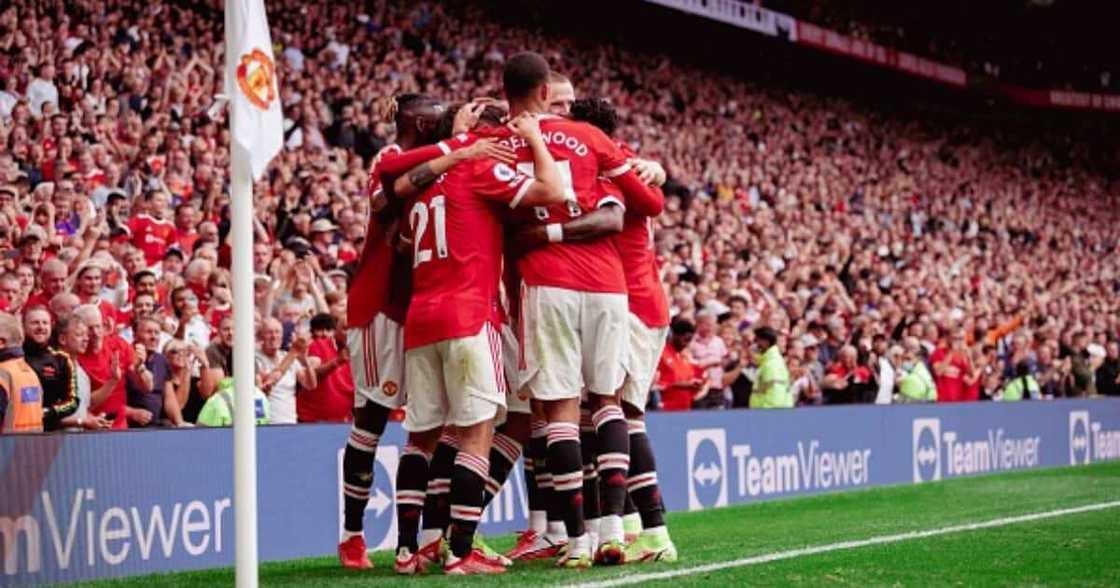 Mason Greenwood of Manchester United celebrates with team-mates during their Premier League match against Leeds at Old Trafford on August 14, 2021. (Photo by Ash Donelon/Manchester United via Getty Images) Mason Greenwood of Manchester United celebrates with team-mates during their Premier League match against Leeds at Old Trafford on August 14, 2021. (Photo by Ash Donelon/Manchester United via Getty Images)