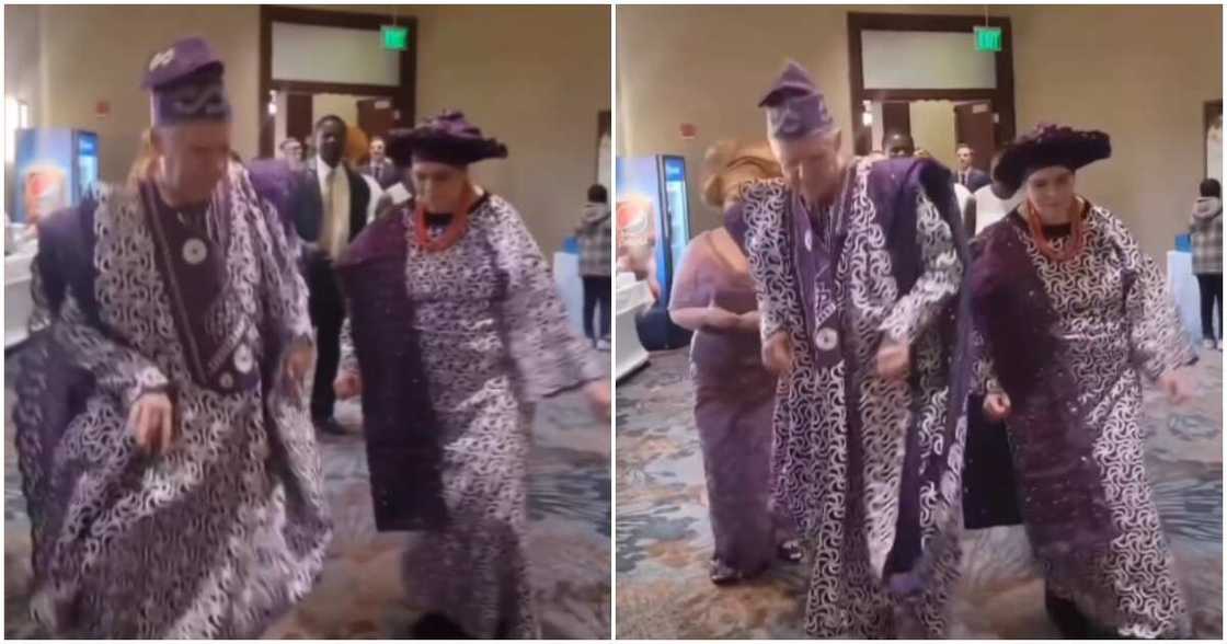 Oyinbo couple rock Yoruba attire at Nigerian wedding, dance to Kizz Daniel's song.