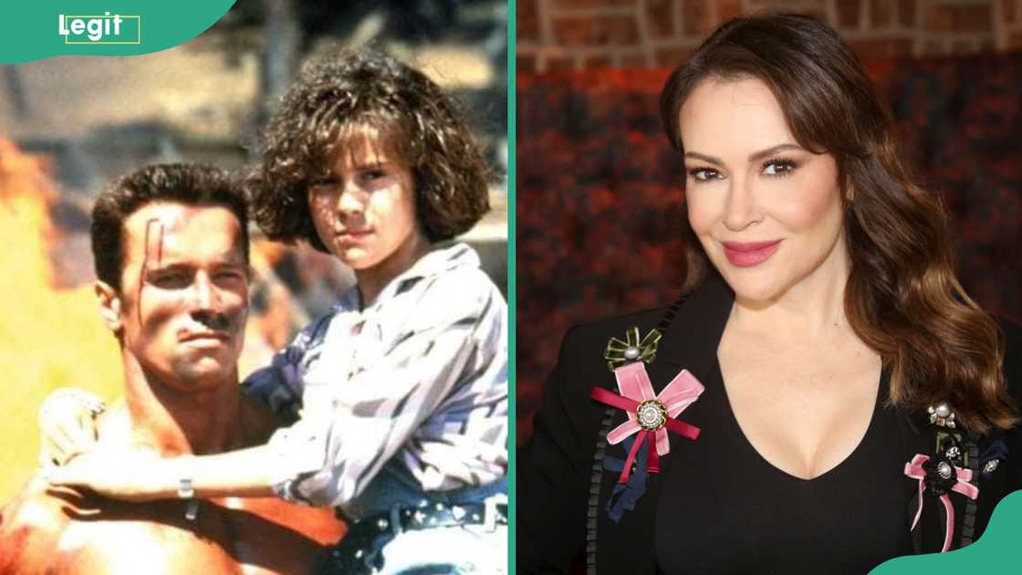Alyssa Milano and Arnold Schwarzenegger then (L) and now (R) Alyssa Milano and Arnold Schwarzenegger then (L) and now (R)