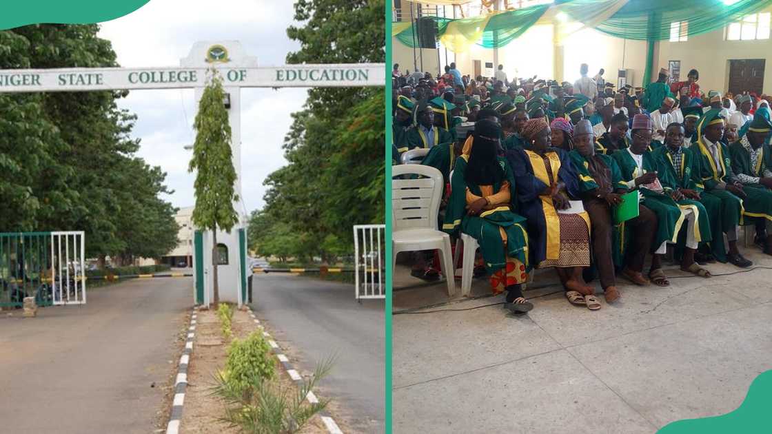 The college's entrance gate. Students in the hall. The college's entrance gate. Students in the hall.