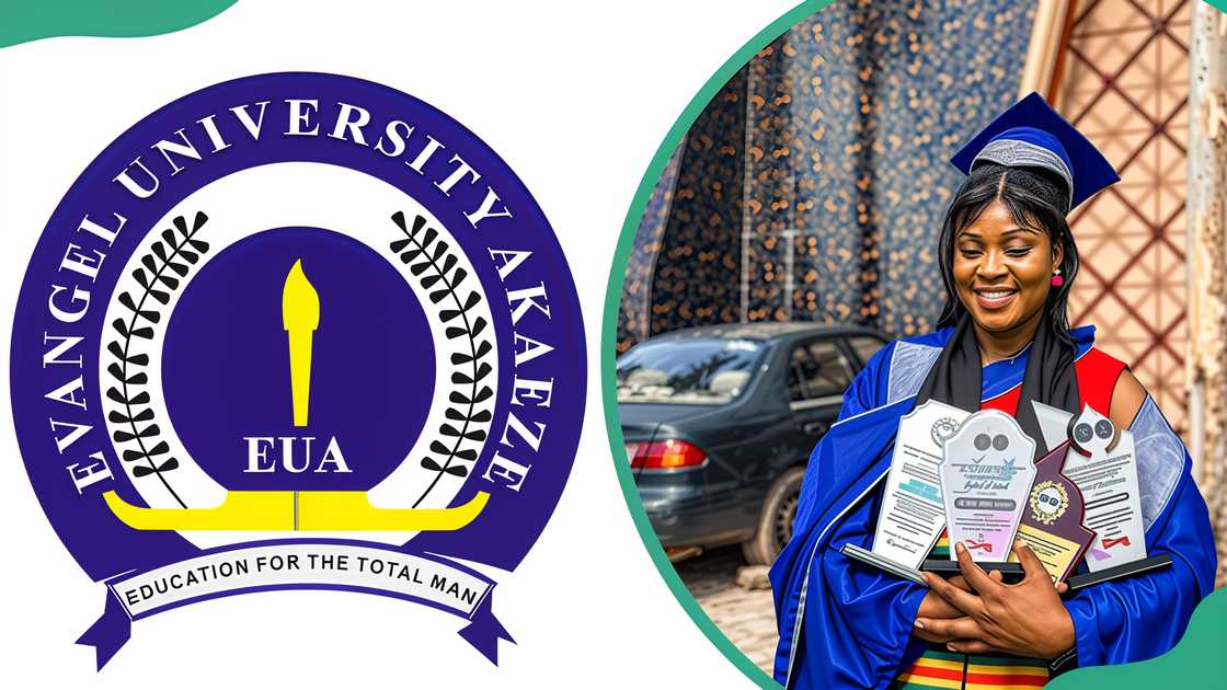 Evangel University, Akaeze logo (L) and a graduand holding awards Evangel University, Akaeze logo (L) and a graduand holding awards
