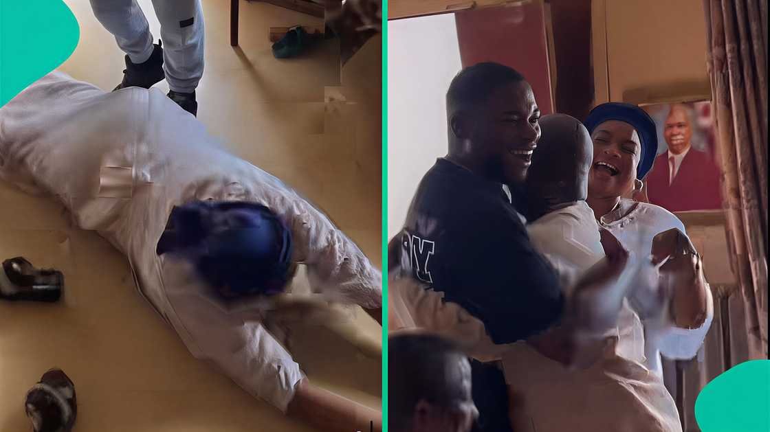 Parents react with joy and disbelief during a surprise reunion with their sons.