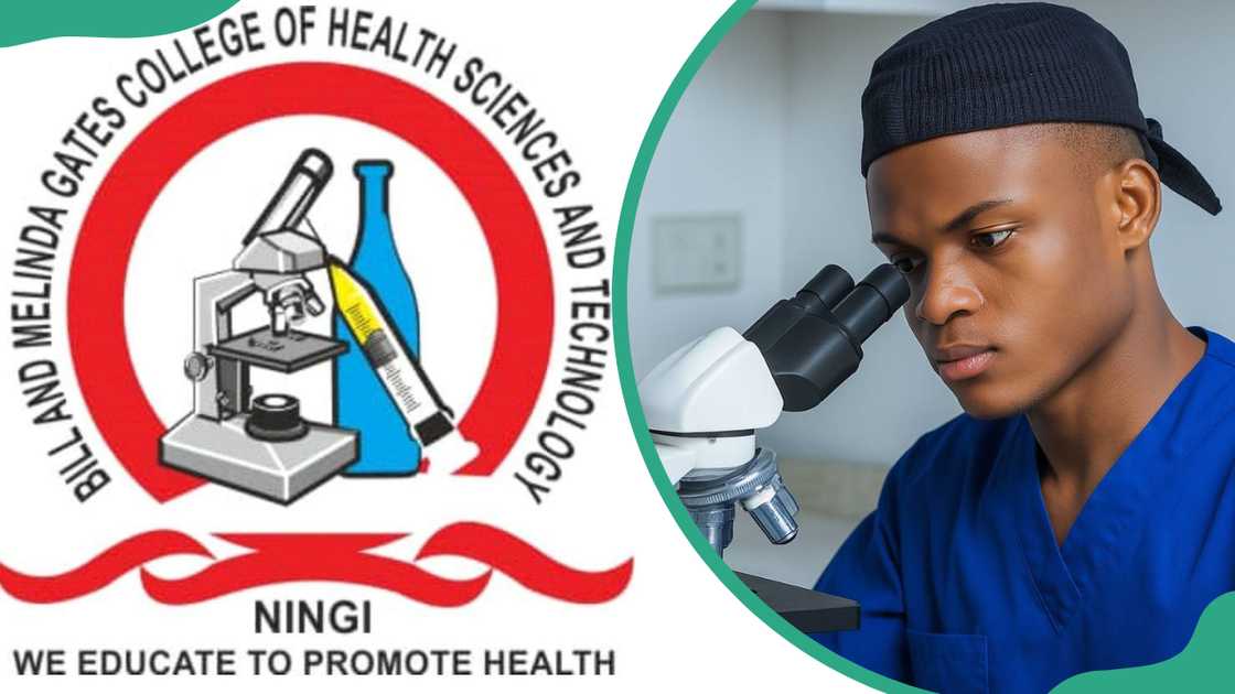 College of Health Technology Ningi logo (L). College of Health Technology Ningi student using a microscope (R).