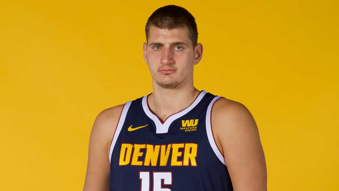 Nikola Jokić of the Denver Nuggets poses for a portrait during the Denver Nuggets Media Day Nikola Jokić of the Denver Nuggets poses for a portrait during the Denver Nuggets Media Day