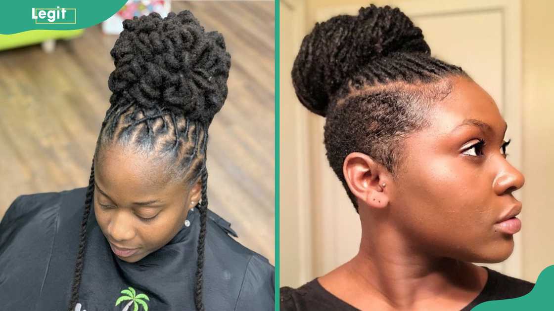 High bun perched loc updo High bun perched loc updo