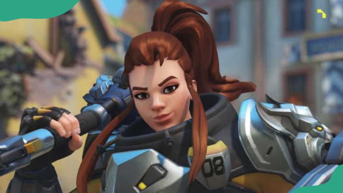 Brigitte in futuristic armor pose. Brigitte in futuristic armor pose.