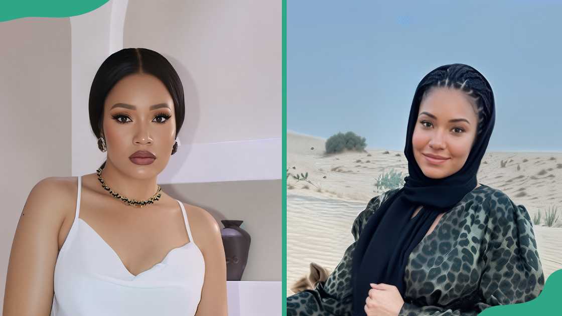 Anna Banner poses indoors in a white top on 20 April 2025 (L). The Nigerian model poses for in the desert in a black Abaya on 1 May 2025 (R)