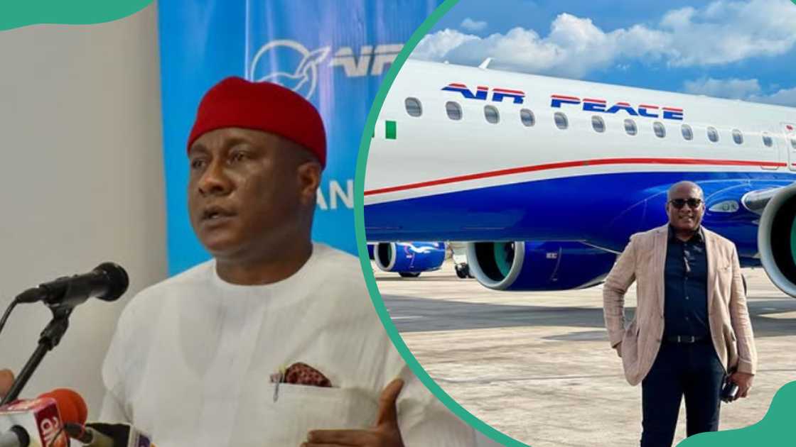 Allen Onyema speaking using a microphone (L). Allen posing in front of one of his Air Peace aircraft (R). Allen Onyema speaking using a microphone (L). Allen posing in front of one of his Air Peace aircraft (R).