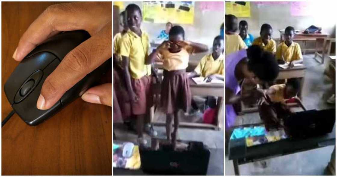 Computer mouse, schoolgirl, teacher, first time Computer mouse, schoolgirl, teacher, first time