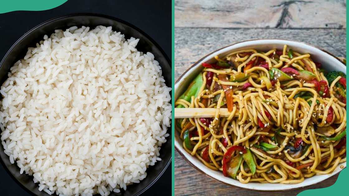 A plate of rice and a spaghetti A plate of rice and a spaghetti