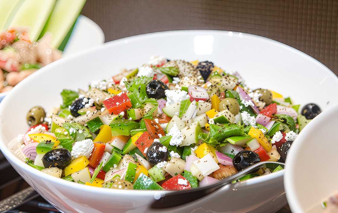 A bowl of fresh Greek salad at the Ekaabo Restaurant and Terrace A bowl of fresh Greek salad at the Ekaabo Restaurant and Terrace
