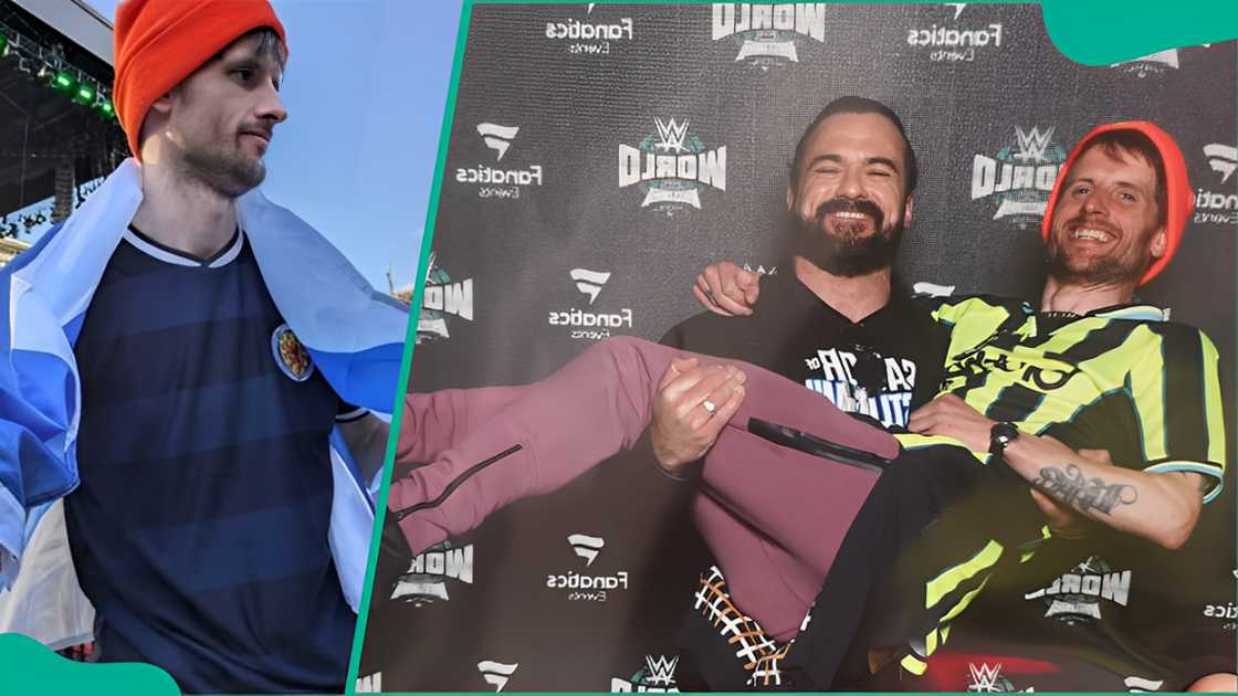 John Galloway wearing a Scotland football jersey (L). McIntyre playfully carrying his brother (R) John Galloway wearing a Scotland football jersey (L). McIntyre playfully carrying his brother (R)